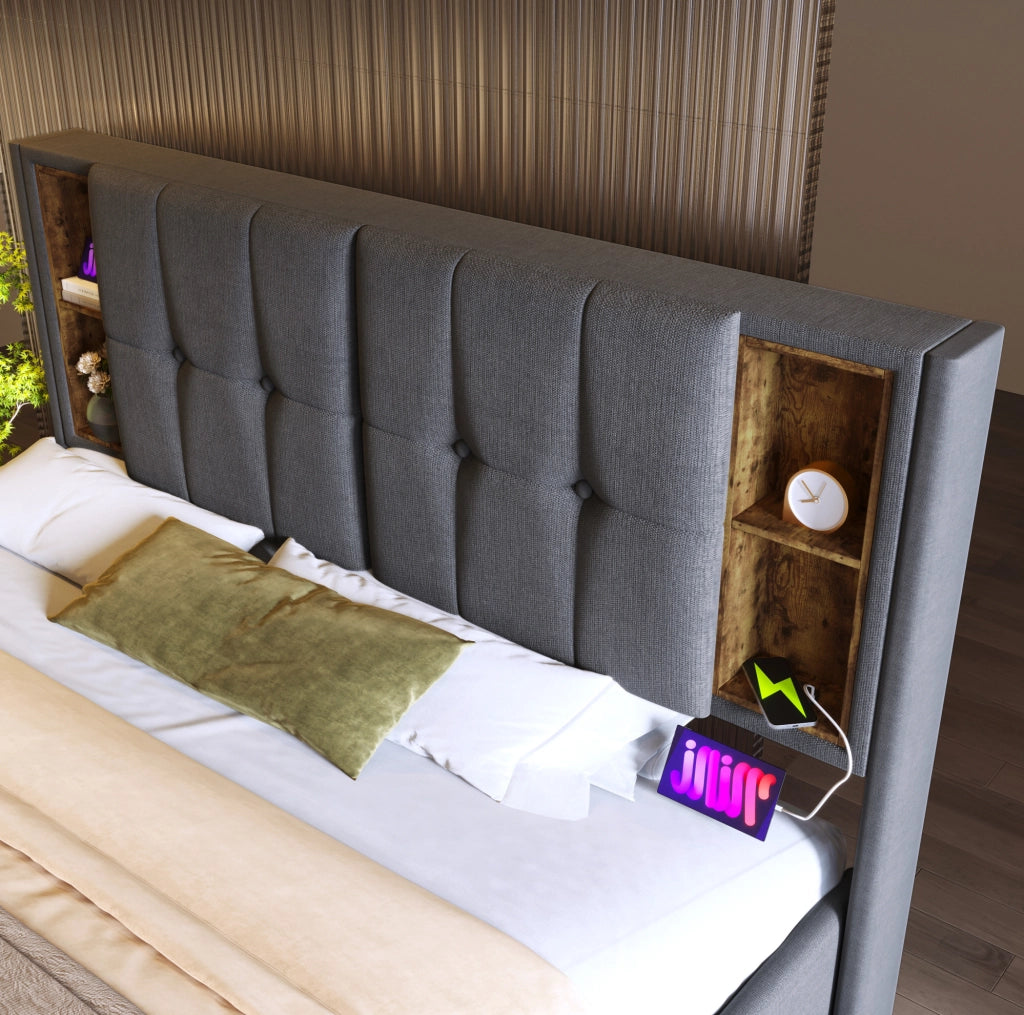 Letto matrimoniale con ricarica wireless, USB e ampio spazio contenitivo