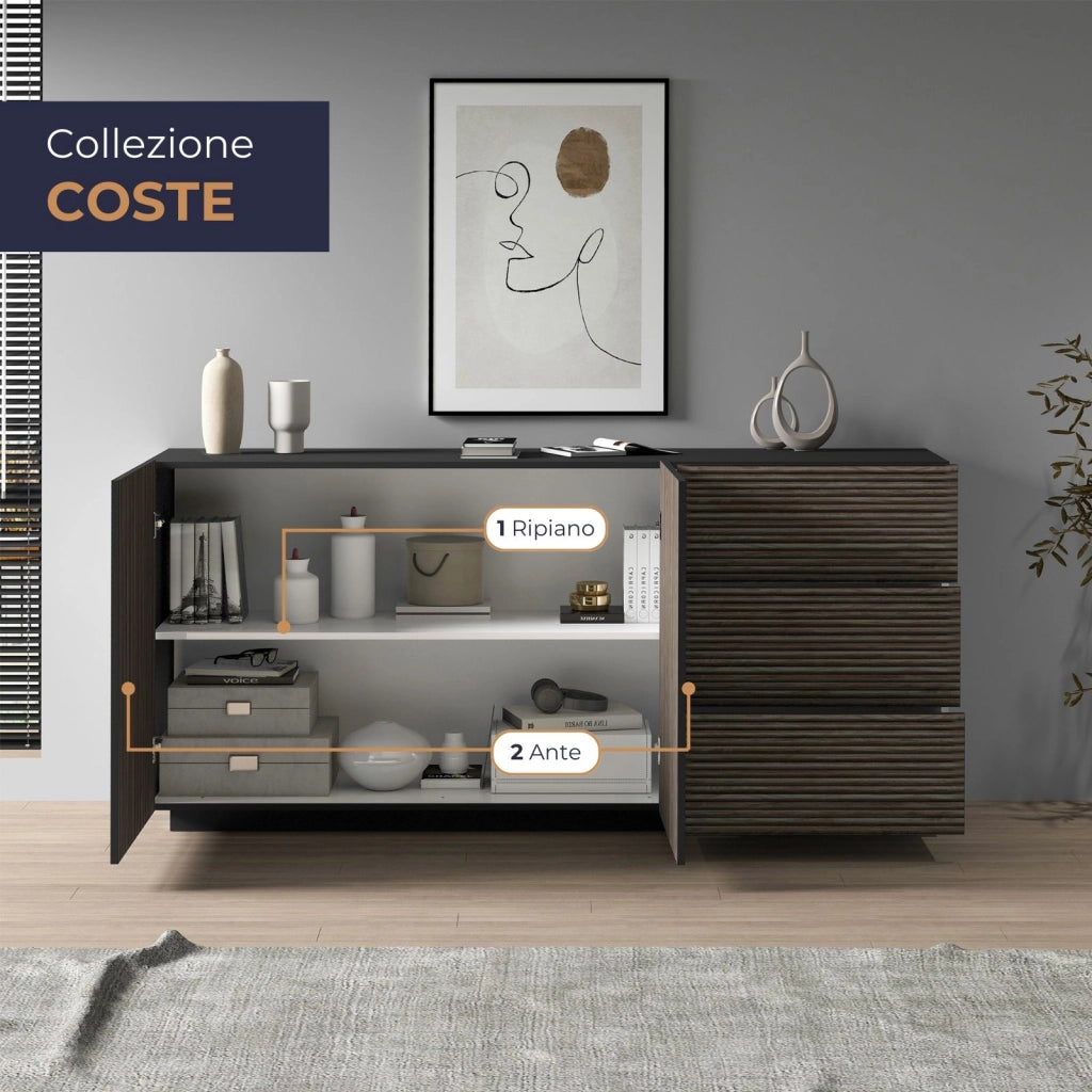 WHOUS Credenza Coste a 2 ante e 3 cassetti antracite opaco e legno scuro 180x43x86 cm