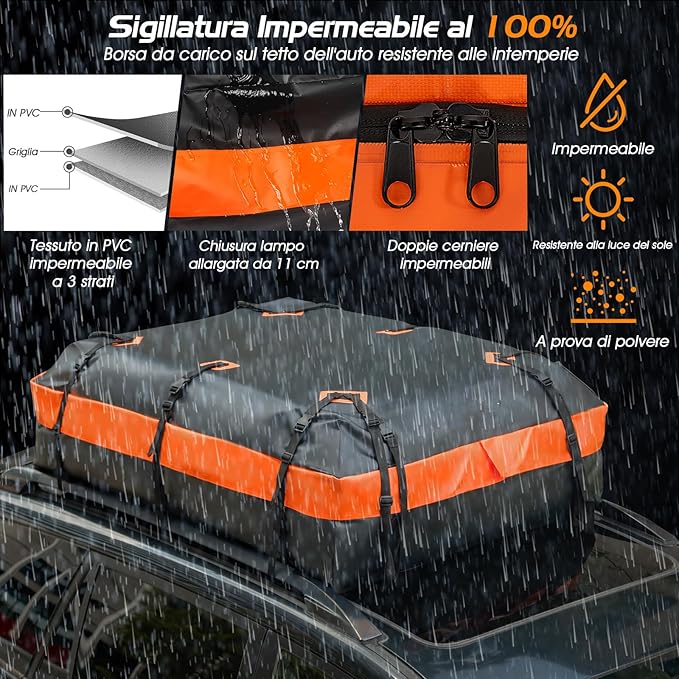 Borsa da Tetto per Auto, 600L PVC Box da Tetto Auto Universale Impermeabile, Sacca da Tetto di Vettura con Tappetino Antiscivolo, 10 Cinghie Rinforzate e 6 Ganci Porta (Modello 3)