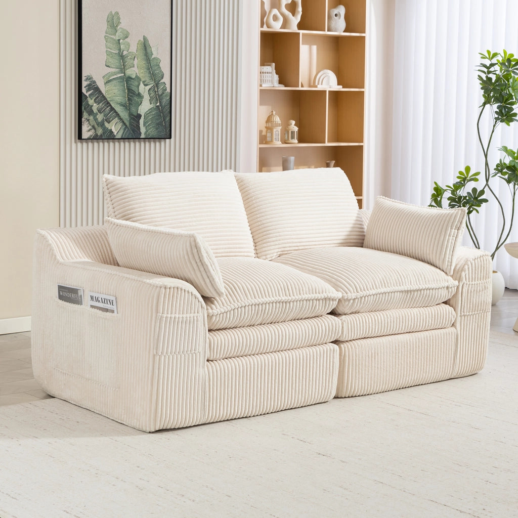 Divano lineare 2 posti - con tasche laterali e cuscini - in corduroy beige - 191×94×85 cm