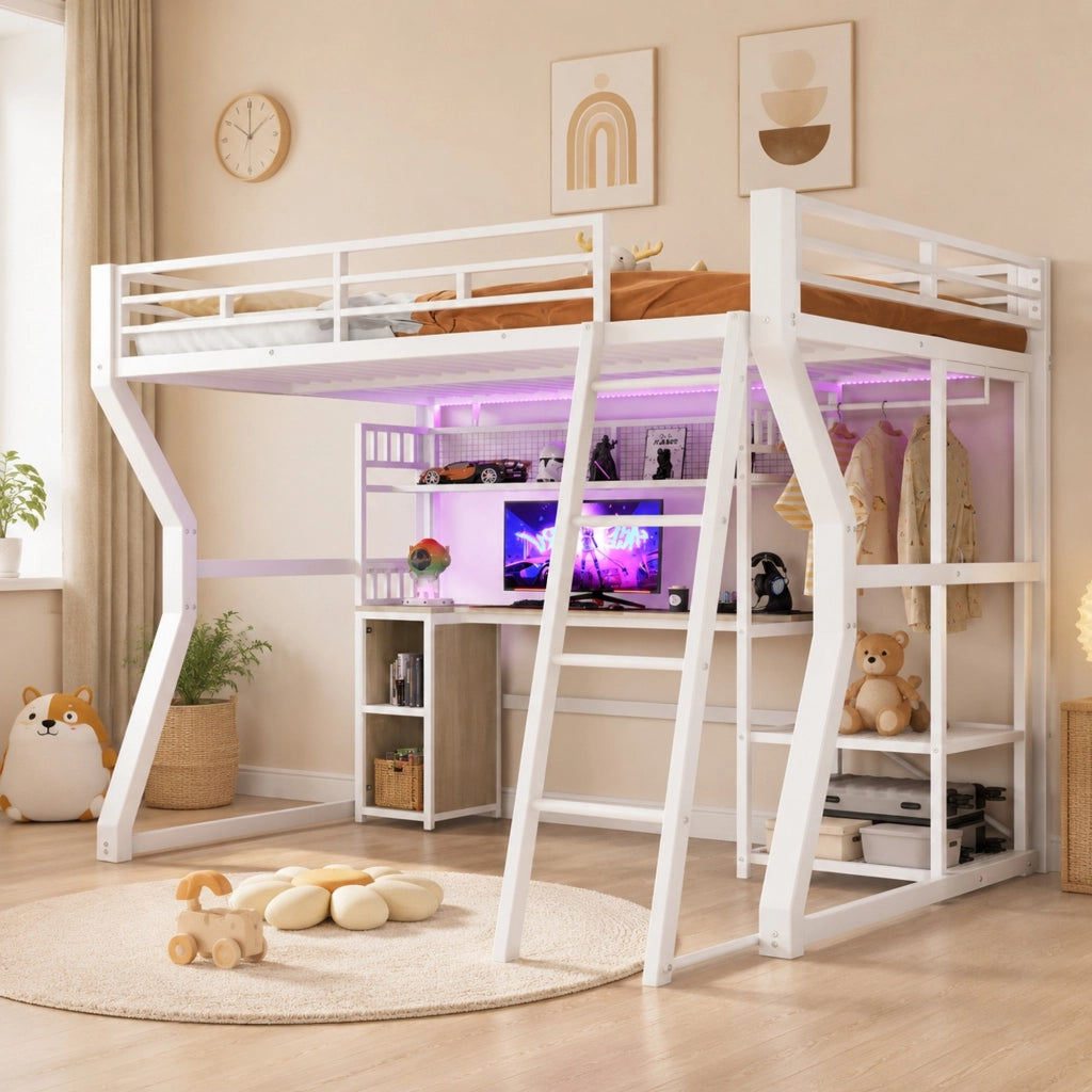 Letto a soppalco 140x200 cm con scrivania, luce e presa