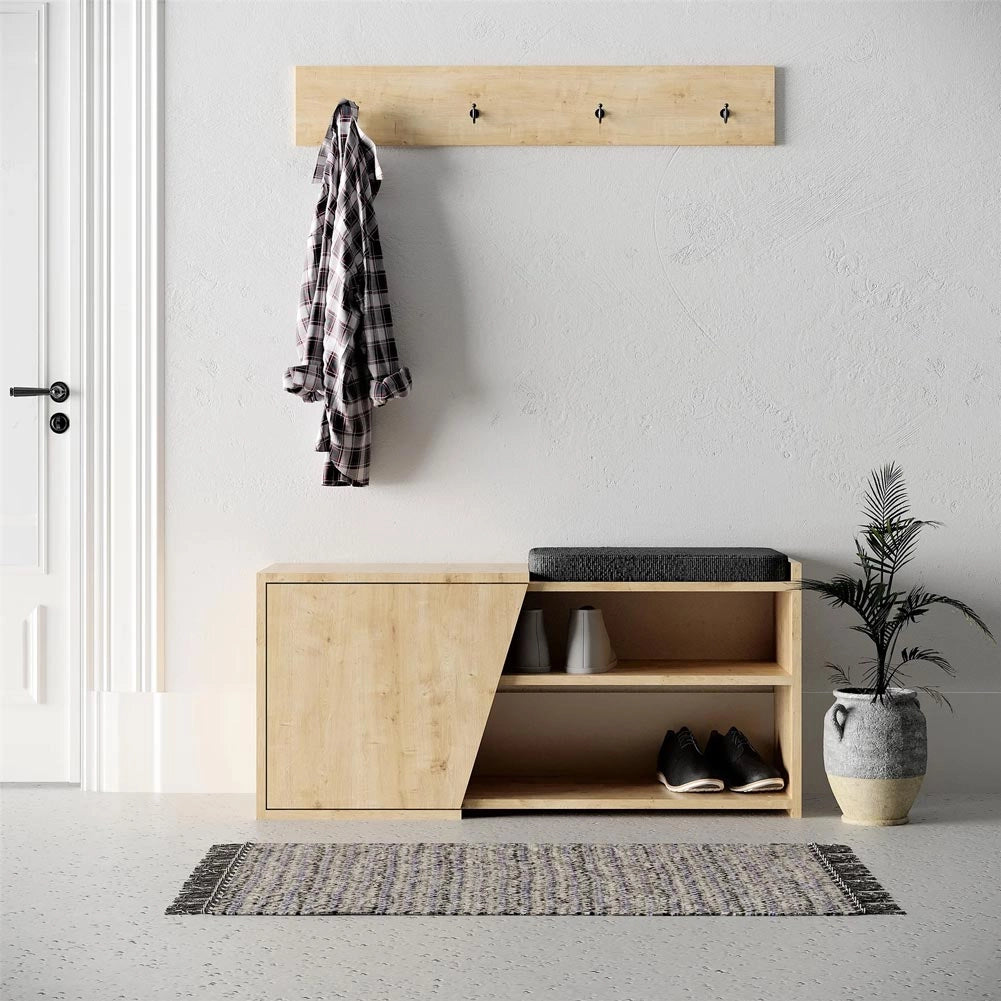 Panca Scarpiera da Ingresso 104x37x47 cm 2 Ripiani Porta Scarpe Mobiletto con Anta e Cuscino in MDF Quercia e Grigio