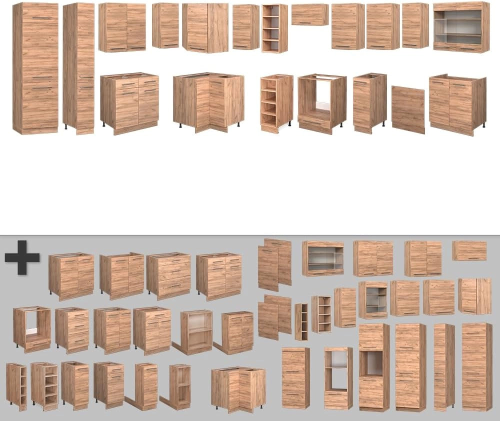 Cucina angolare completa Fame-Line, Quercia dorata, 347 x 60 cm, PL Marmo, per l'espansione personalizzata con moduli aggiuntivi compatibili