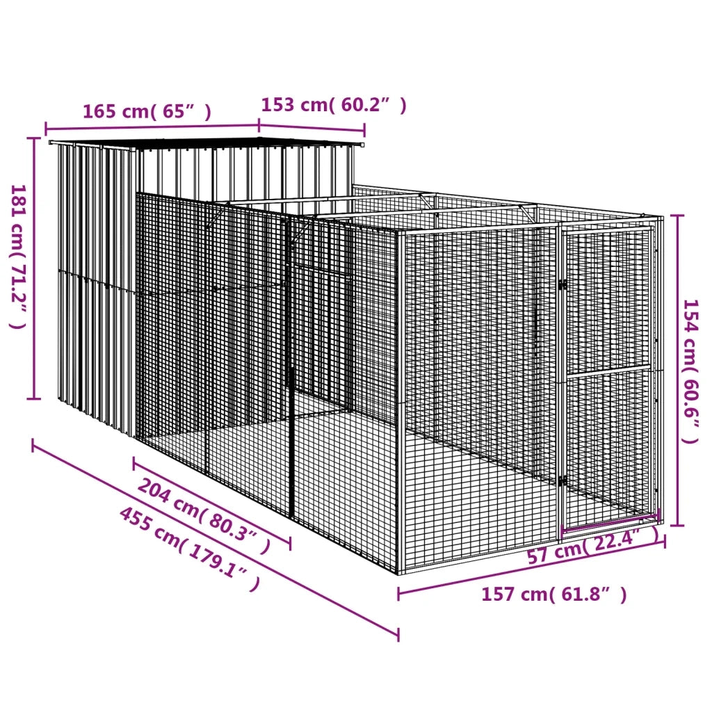 Casetta Cani con Corsa Antracite 165x455x181 cm Acciaio Zincato 3189099