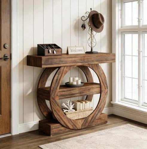 Tavolo consolle rustico a 3 ripiani 105 x 30 x 85 cm marrone
