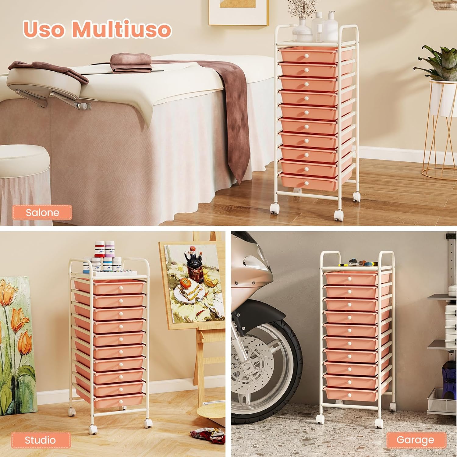 Carrello con 10 Cassetti da Stoccaggio, Cassettiera di Metallo e Plastica, Contenitore Multiuso con Ruote a Freno, per Casa e Ufficio (Arancia)