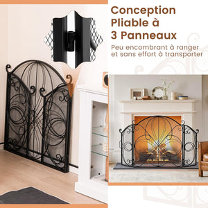 Pare Feu Cheminée Pliable 3 Panneaux, Écran de Cheminée en Fer Forgé, 151 x 83 cm, Pare-étincelles en Maille Design Fleur, Aucun assemblage, Grille de Protection pour Poêle