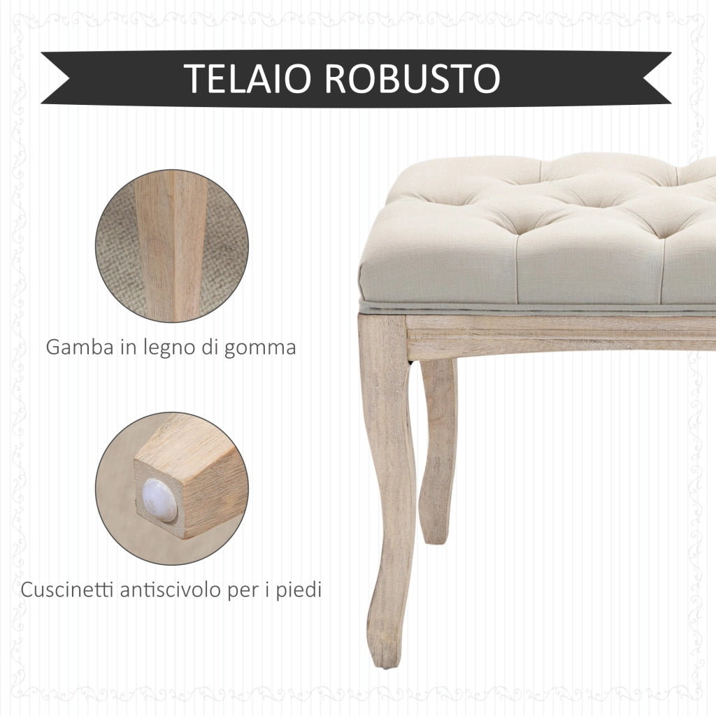 Panca Fondoletto Vintage con Seduta Imbottita in Tessuto e Gambe in Legno, 110x40x48cm, Beige