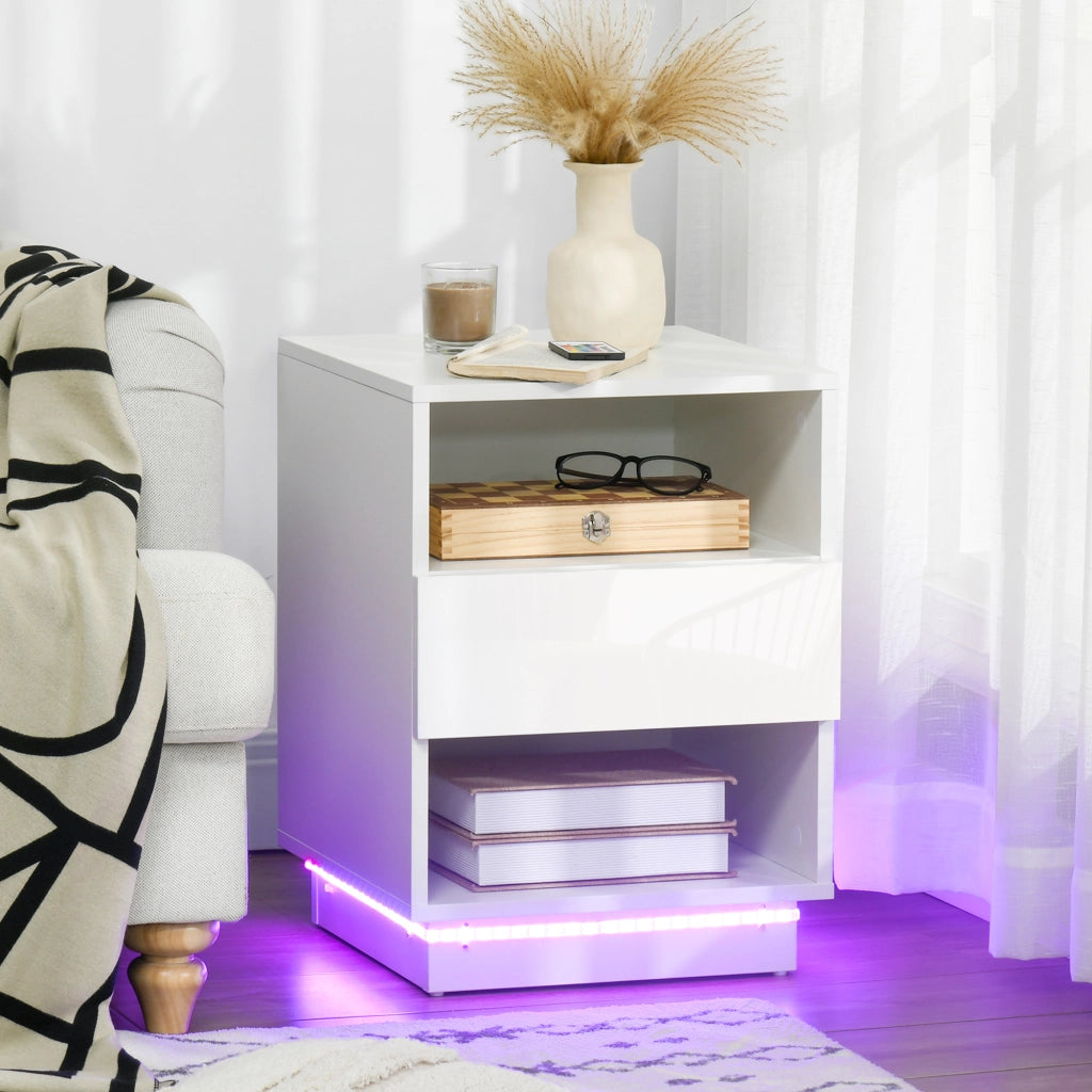 Comodino con Luce LED e Cassetto ¨C Zephmum ¨C Bianco 40x40x55 cm