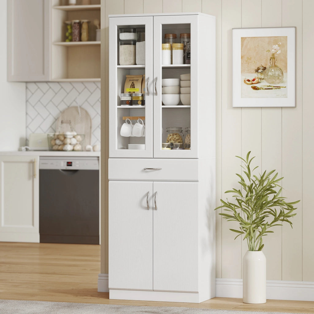 Credenza con 2 Armadietti e Cassetto, Ante in Vetro ¨C zephmum ¨C 60x35x180 cm, Bianco