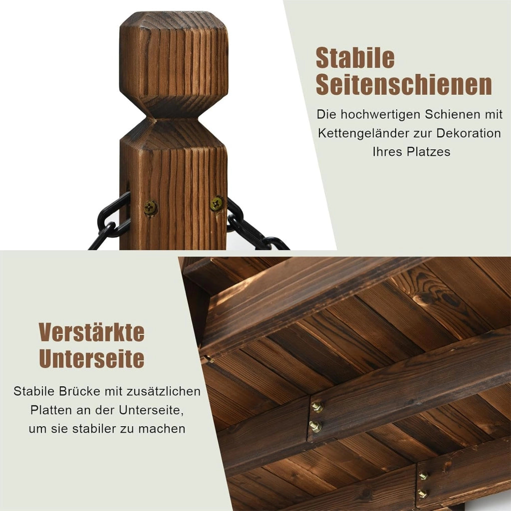 Ponte da Giardino in Legno di Abete Carbonizzato con Ringhiere di Catene, Ponticello Robusto Portata 180 kg, 150 x 67 x 55 cm, Marrone