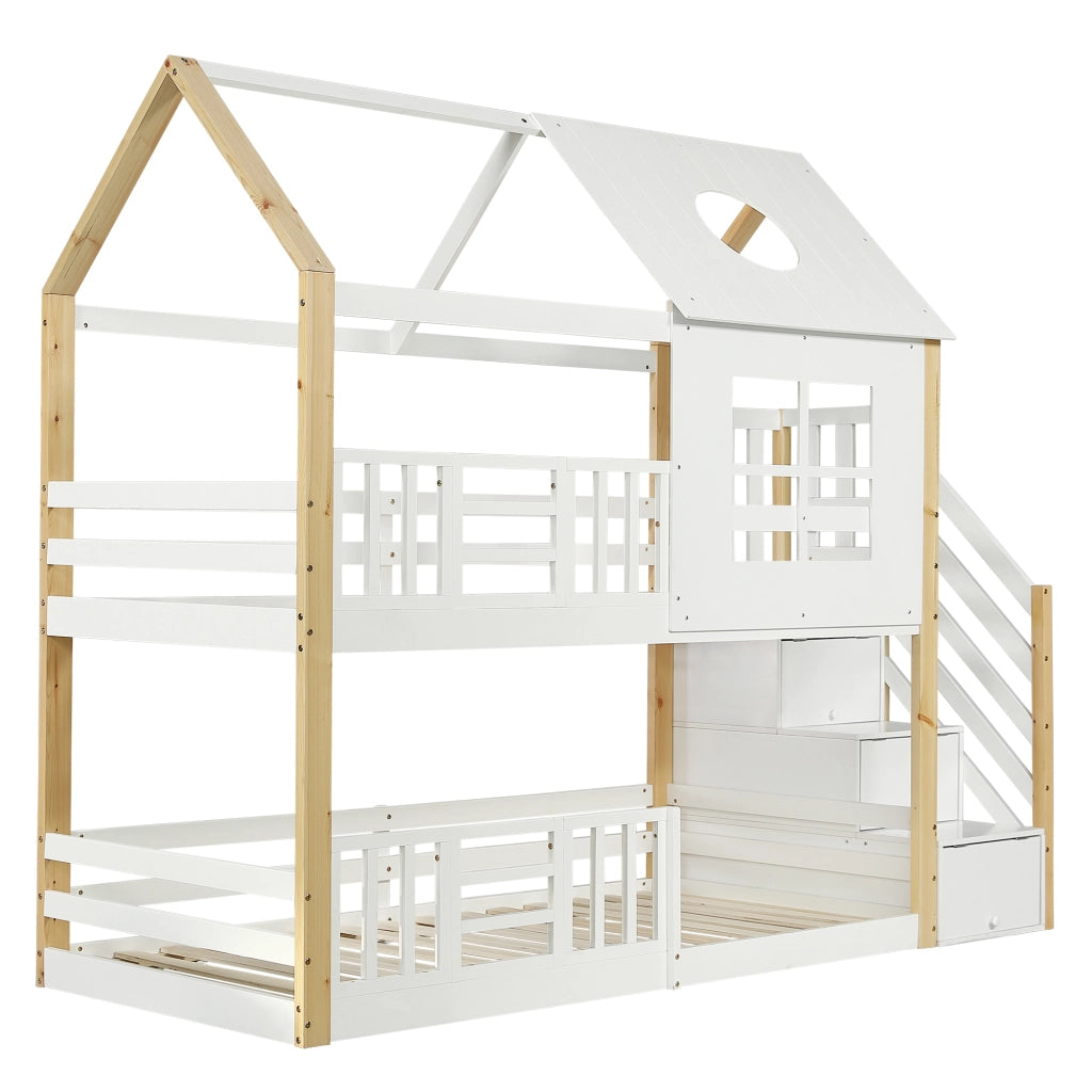 Letto a Castello 90x200 cm; 2 Posti - Scaletta contenitore; Tetto e Finestre - Bianco Naturale