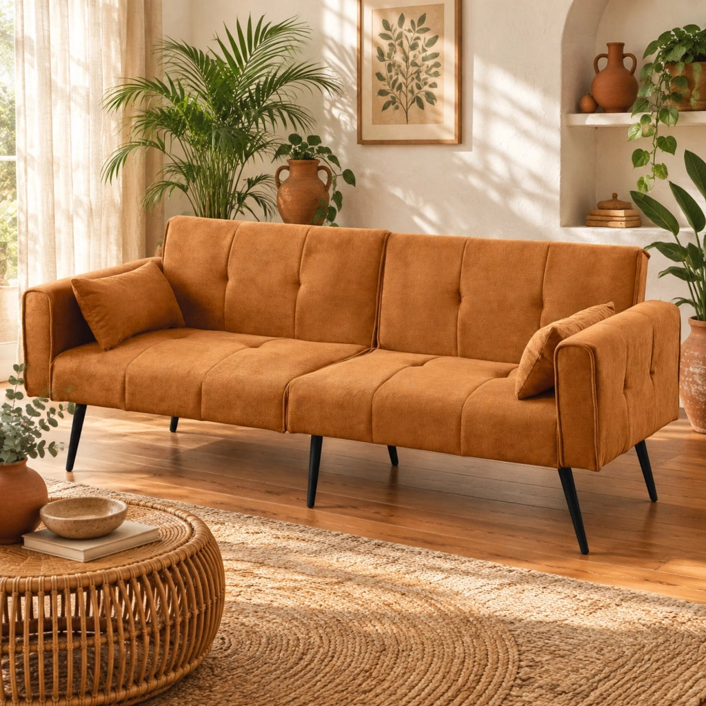 Divano letto con schienale imbottito e piedi in metallo, arancione, 175×71×71 cm