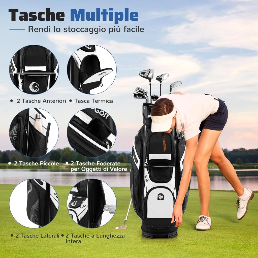 Borsa Carrello da Golf, Sacca da Golf con Serratura e Divisori a 14 Vie, 11 Tasche, Sacca Isolante, Tracolla Imbottita, Maniglie, Porta Ombrello e Cappuccio Antipioggia