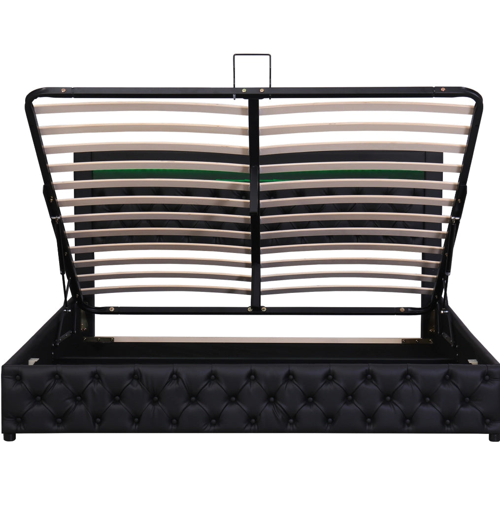 Letto matrimoniale imbottito con contenitore 180x200 cm in PU nero; con LED e rete a doghe