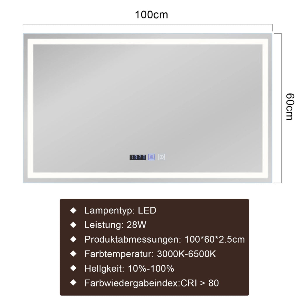 ZMH Specchio da Bagno con Luce LED a Parete IP44 con Interruttore Touch e Funzione Antivapore 3000K-6500K 100x60 cm