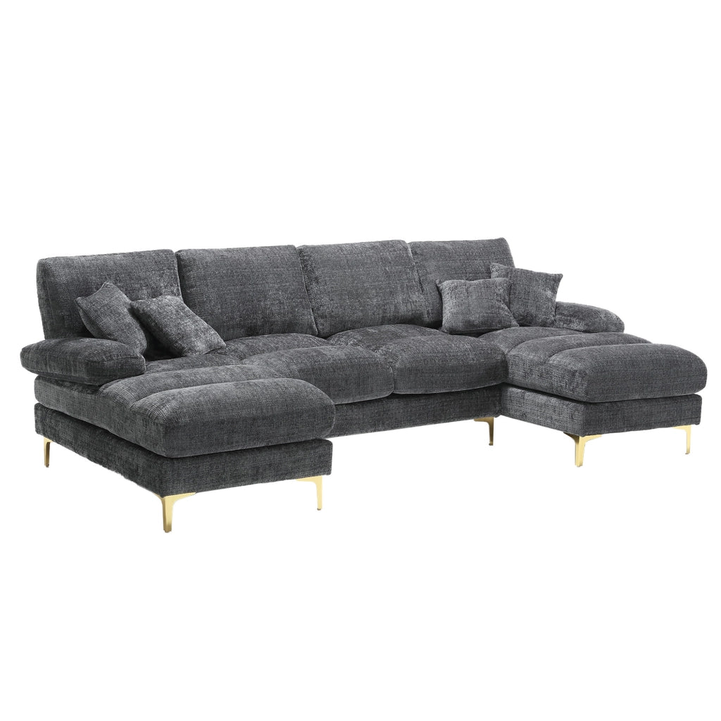Divano sezionale U a 3 posti in chenille grigio con doppia chaise longue, piedi in metallo oro, 272x136x88 cm