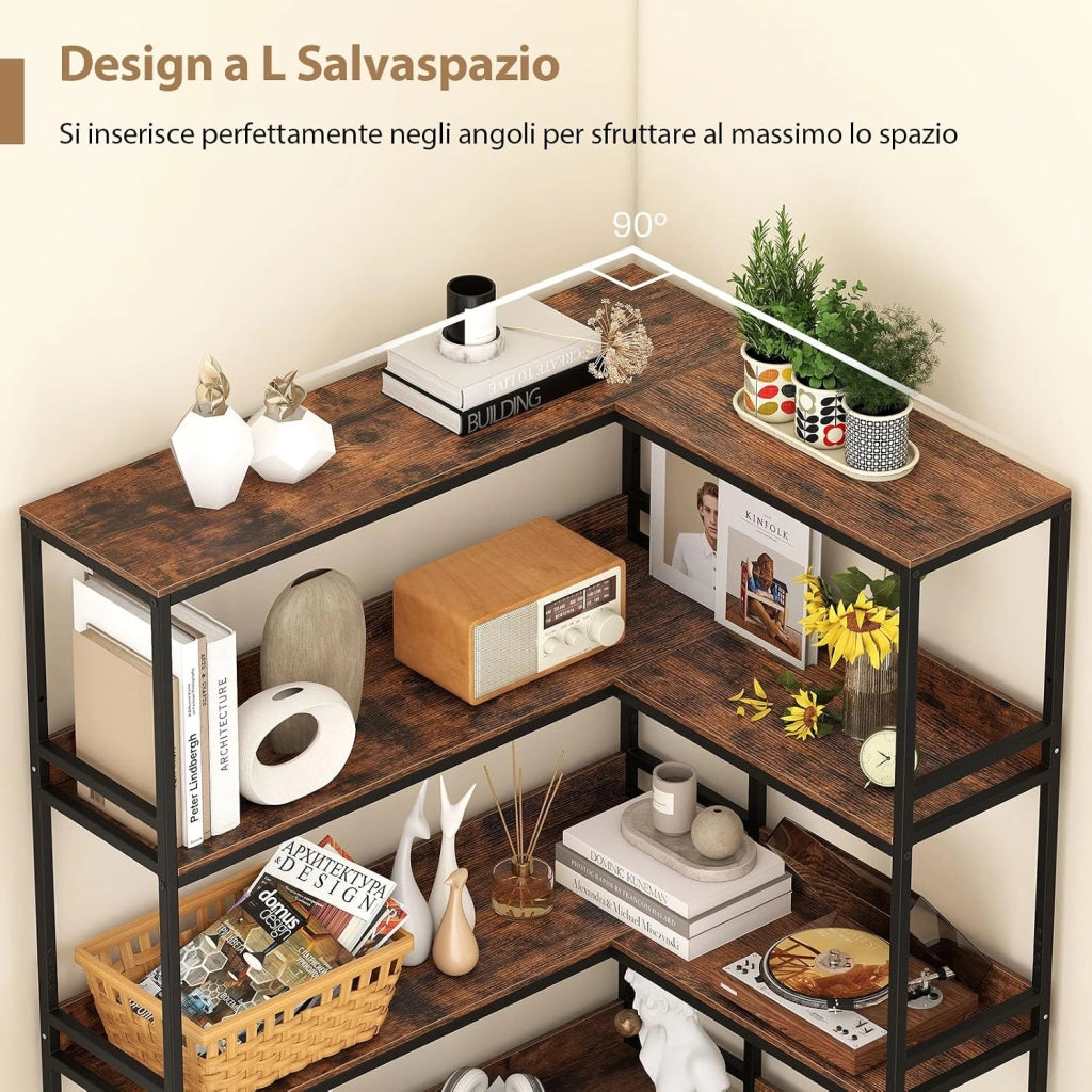 Libreria ad Angolo 180 cm, Libreria a 5 Ripiani a Forma di L con Struttura in Metallo, Scaffale Espositivo Aperto Industriale per Soggiorno Studio Ufficio e Casa, 110 x 89 x 180 cm