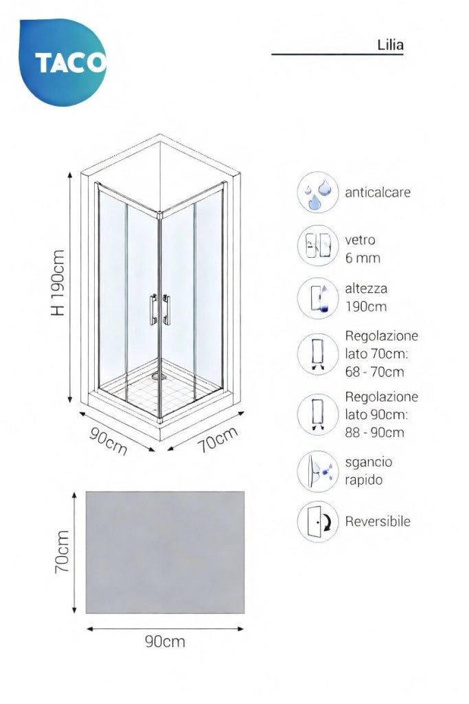 Box doccia angolare 70x90 cm con ante scorrevoli in cristallo temperato 6mm H 190cm LILIA - Cromato Lucido