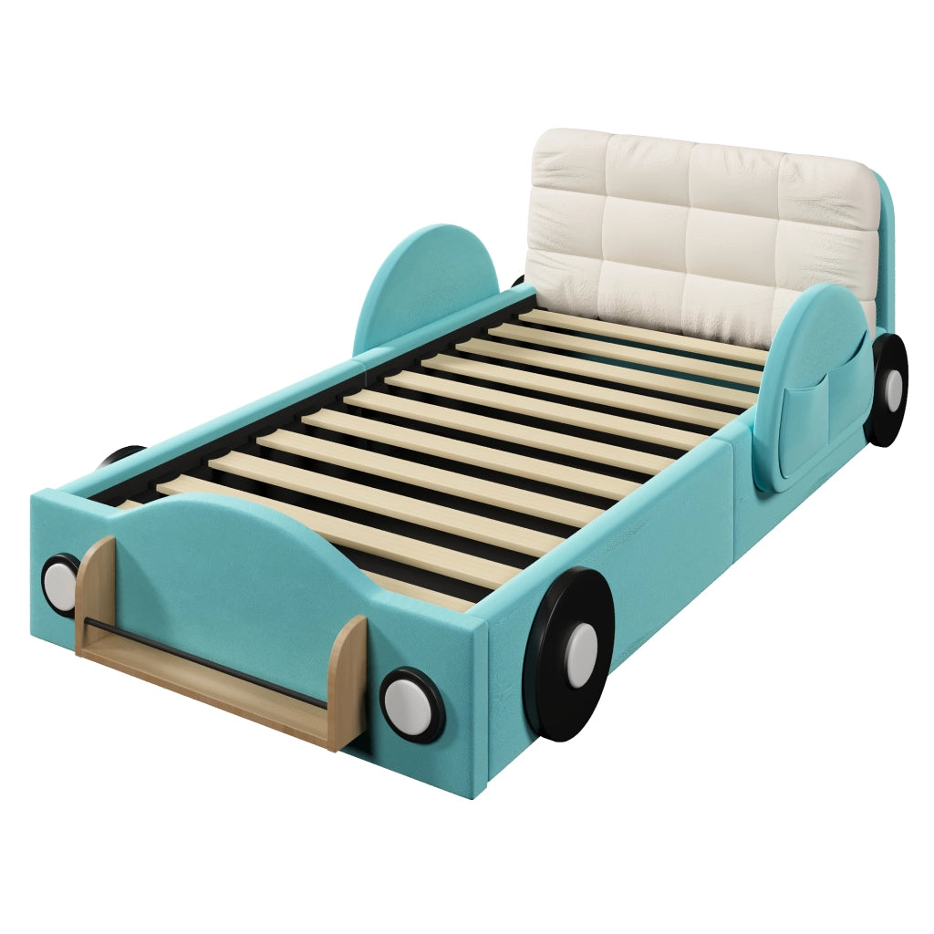 Letto Contenitore 90x200 cm con sollevamento idraulico; tasche laterali e ripiano in Flanella Blu