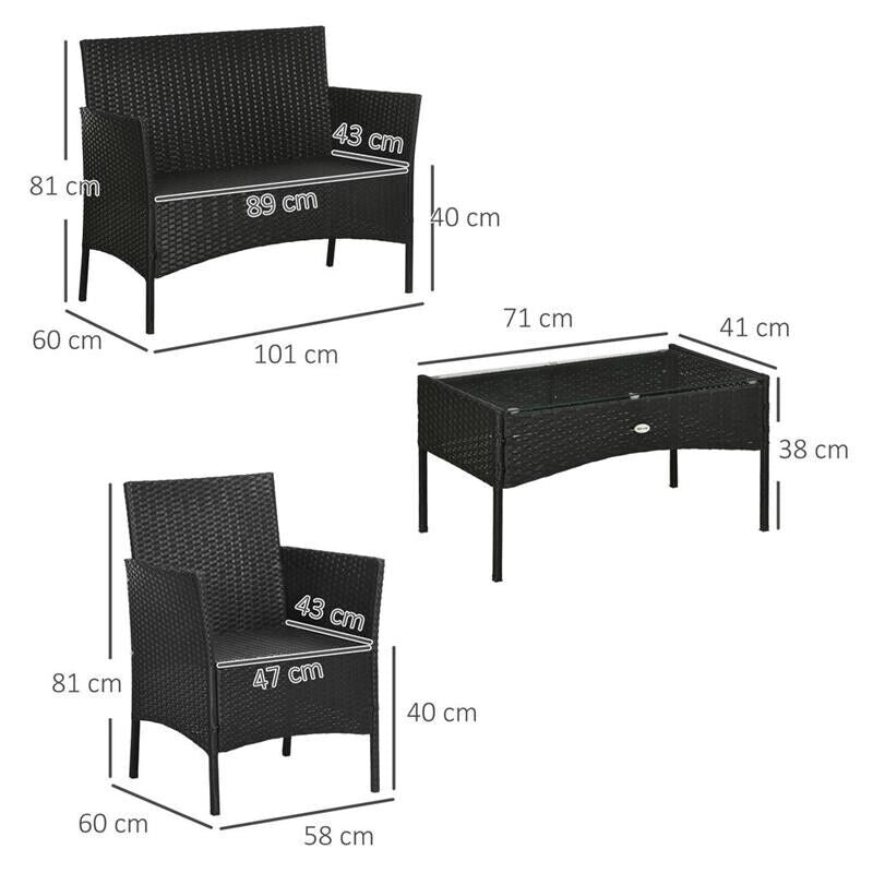 SET DA GIARDINO 4PEZZI IN RATTAN CON 2 SEDIE, POLTRONA DA GIARDINO A 2 POSTI E TAVOLINO BASSO