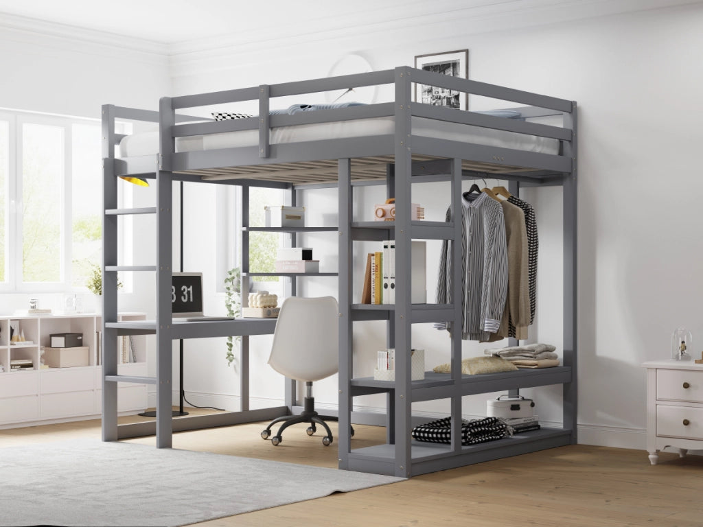 Letto a castello grigio con funzione scrivania e scaffali in legno massello 140x200 cm