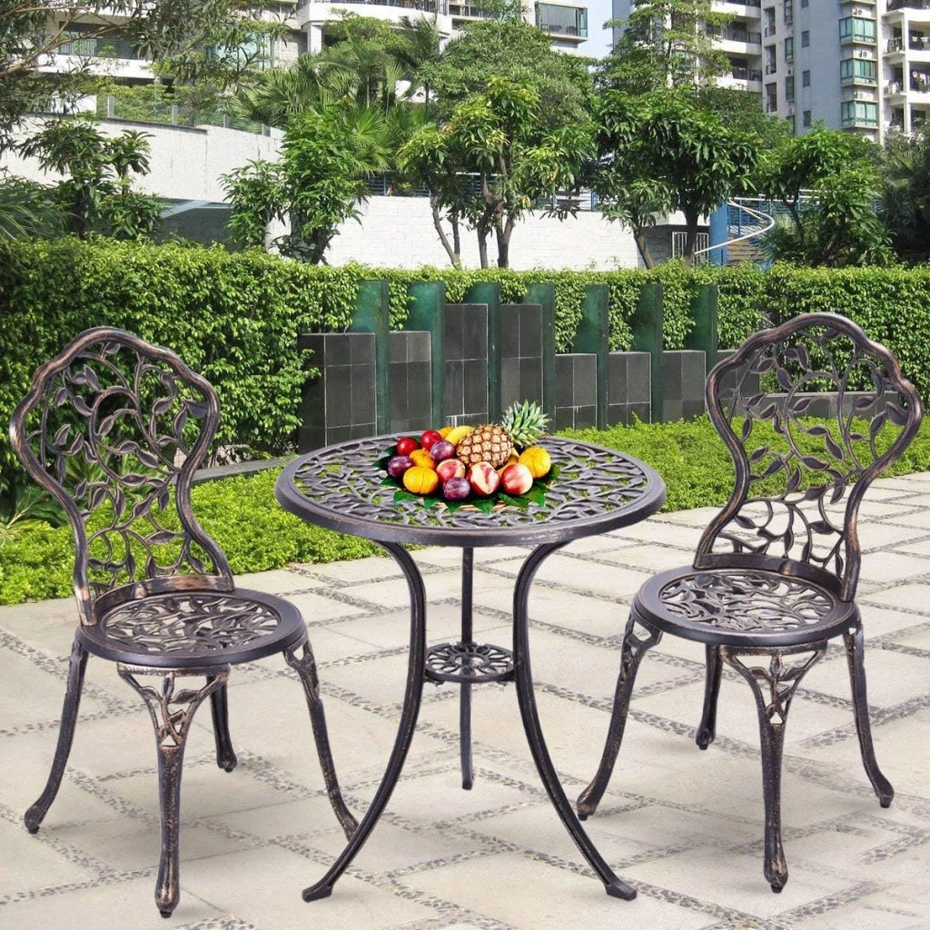 Tavolo da Giardino con Sedie in Fusione di Alluminio, Mobili da Esterno con 1 Tavolino Rotondo e 2 Sedie, Ideale per Balcone, Piscina, Cortile e Giardino