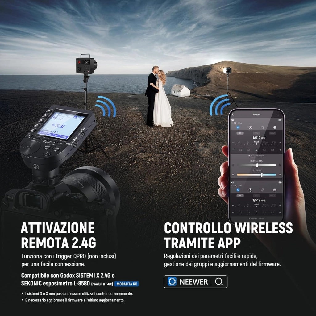 Q6 Flash da Studio Esterno TTL 2.4G 600Ws, Controllo App, 1/1 a 1/512, HSS 1/8000s Batteria 3000mAh, Luce Strobo con Lampada Pilota LED Bicolore 30W/400 Flash a Piena Potenza/Riciclo 0,01-0,9s