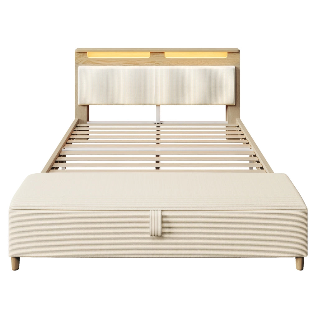 Letto 140x200 cm con contenitore e LED in legno e corduroy beige