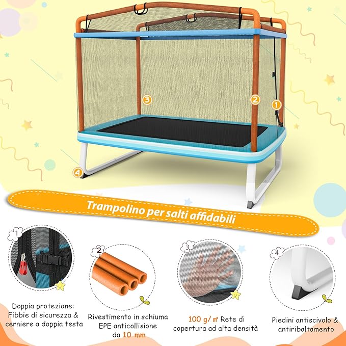 Trampolino Rettangolare per Bambini 3-in-1 190 x 124 cm, Tappetto Elastico per Bambini da Esterno ed Interno con Rete, Altalena, Barra, Copertura e Design senza Fessure