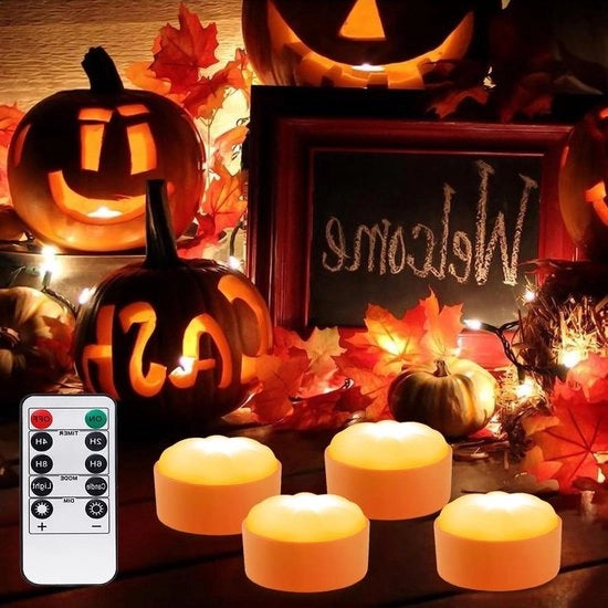Decorazione di Halloween - 4 pezzi di Lampada LED di Zucca con Comando a Distanza - Lampada a LED senza Fiamma con Dimmatura - Funziona con Batterie.