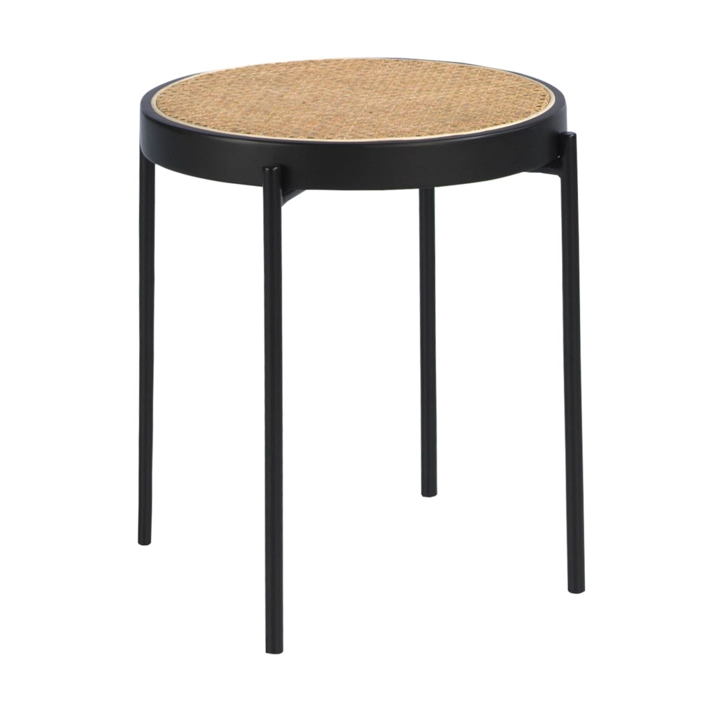 Tavolo angolare rotondo in rattan, legno nero e acciaio nero