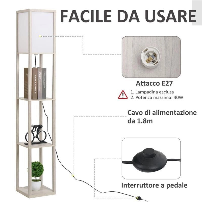 LAMPADA DA TERRA CON MENSOLE INTEGRATE IN ROVERE BIANCO 17X32X42 CM