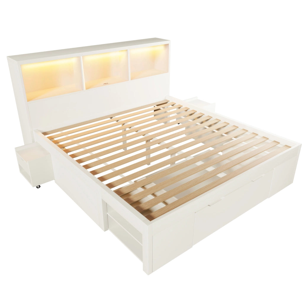 Letto matrimoniale 140x190 cm in legno bianco con LED; USB e 2 comodini mobili