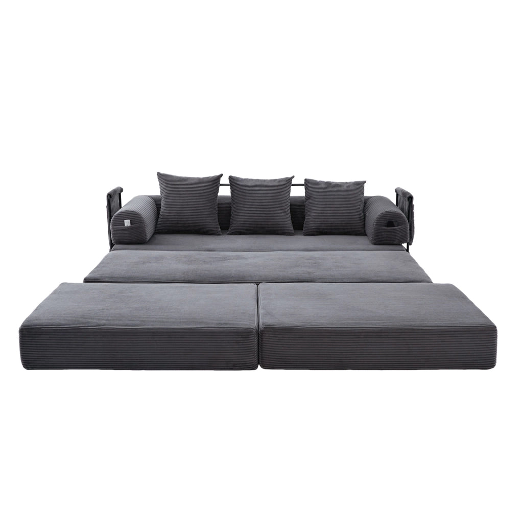 Divano modulare ULEVR con pouf 200x190x67 cm, 3 cuscini e tasca laterale, velluto a coste grigio scuro