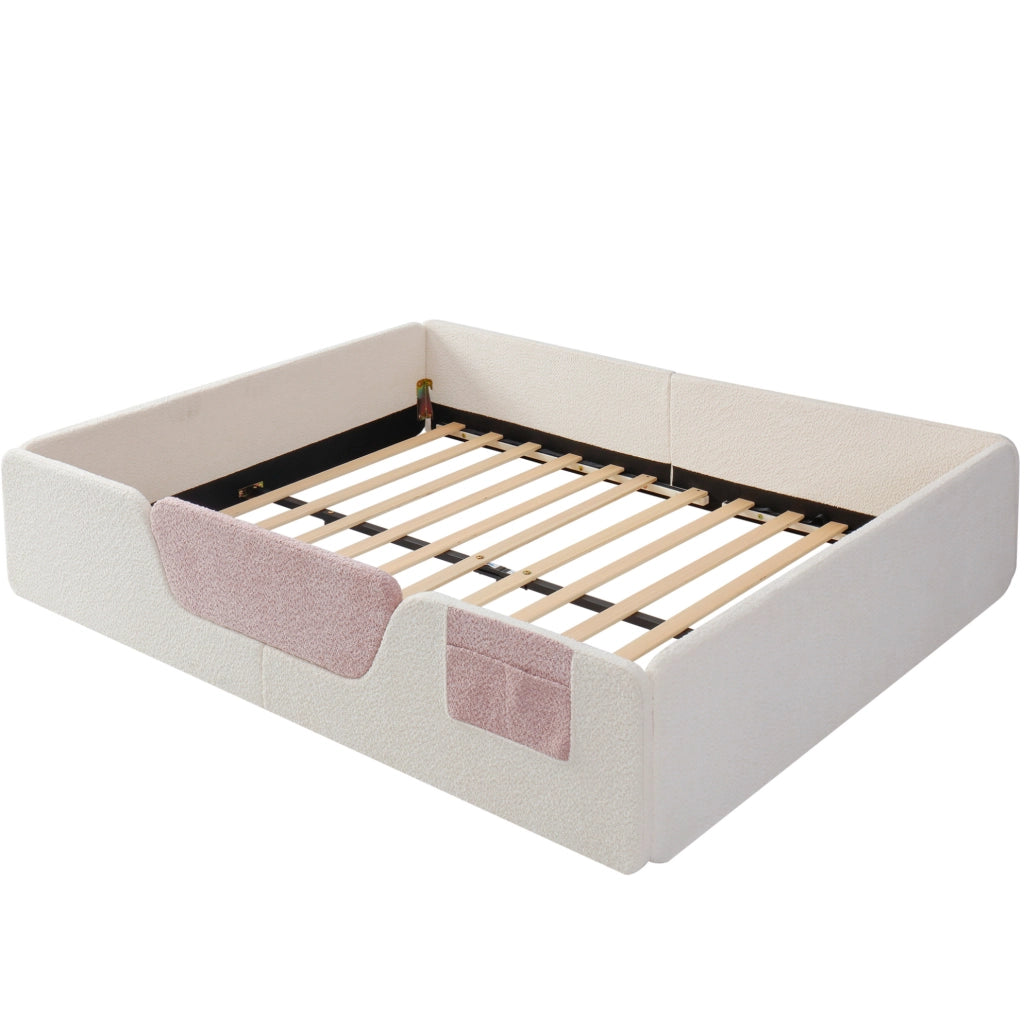 Letto imbottito per bambini 140x190 cm con sponde removibili; tasca portaoggetti; velluto beige
