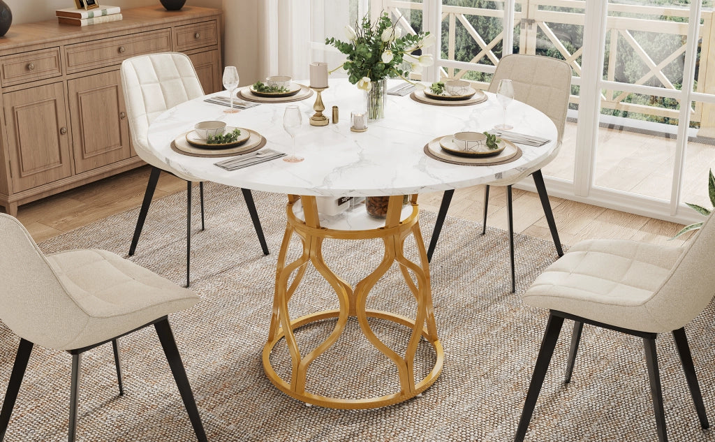 Tavolo da pranzo rotondo con ripiano, per 4-6 persone, in MDF e metallo, bianco e oro, 100 × 100 × 75 cm
