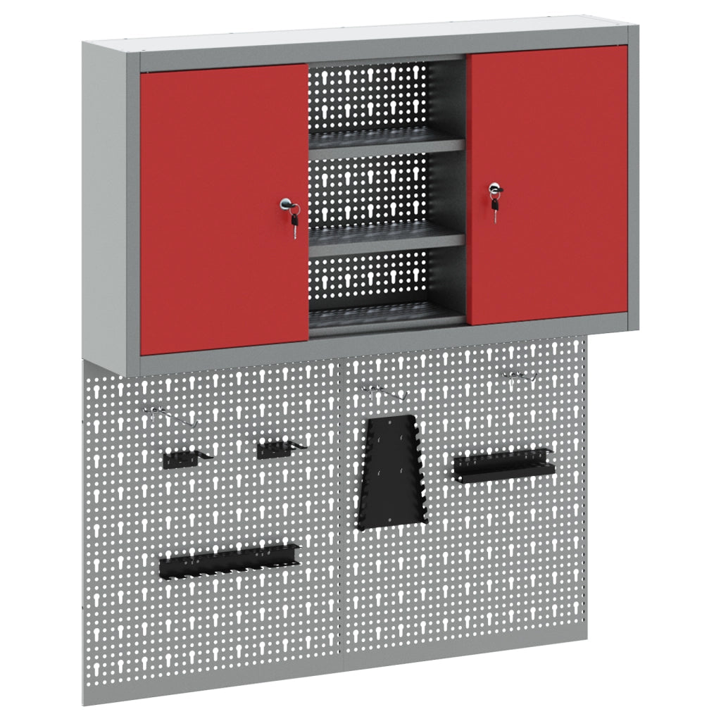 Set da Muro con Mobile per Attrezzi e Pannello Utensili a 3 Pezzi  Rosso Metallico