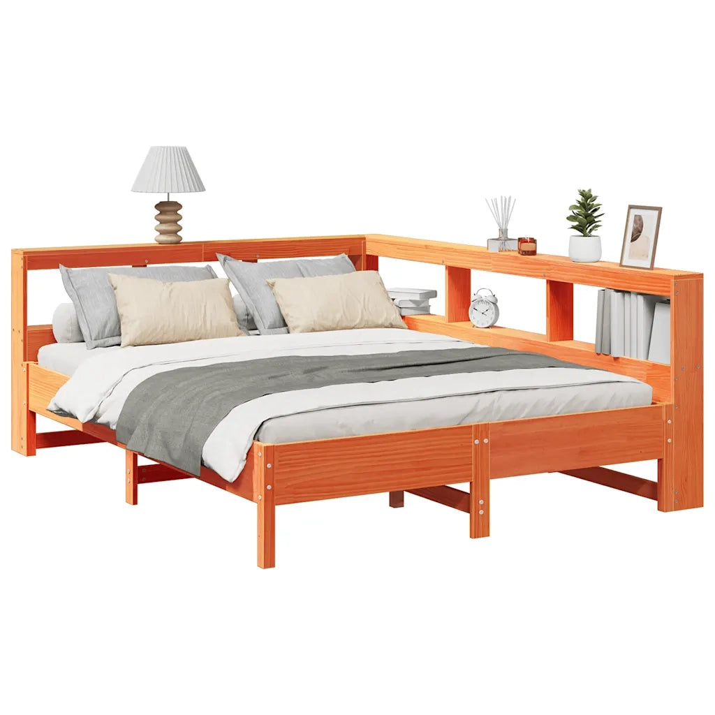 Letto Libreria senza Materasso-Struttura Letto con contenitore Marrone Cera 140x200 cm in Pino 619907