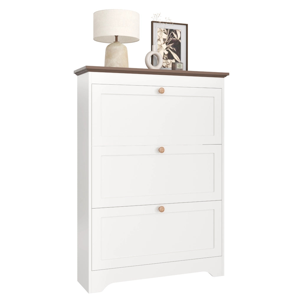 Mobile Scarpiera con 3 Ante a Ribalta; Piano Marrone e Maniglie Rotonde; Stile Country; in MDF; Bianco; 87×26×120 cm
