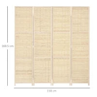 Paravento Separé da Interno a 4 Ante in Legno e Bambù, Pieghevole e Salvaspazio Altezza 170cm, Marrone