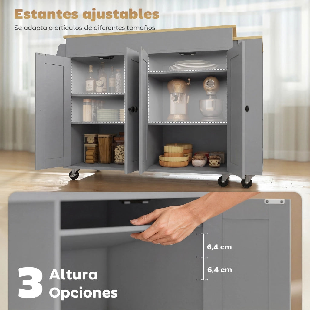 Carrello da Cucina con Ruote ¨C Xylo ¨C Piano Estensibile, 4 Ante, Ripiani Regolabili, Grigio