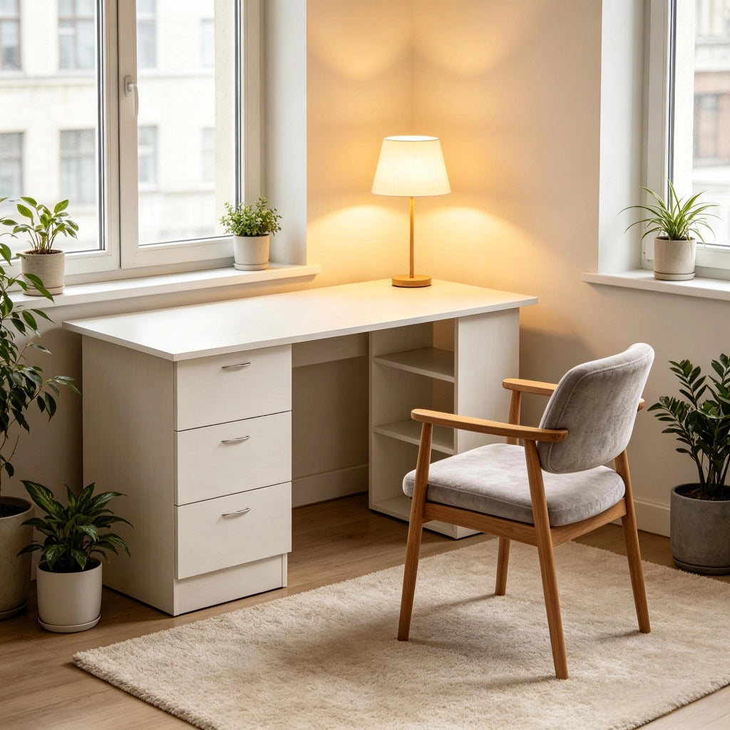 SCRIVANIA da computer 120 cm MDF bianco con 3 cassetti e 3 ripiani