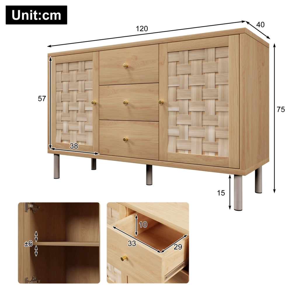 Credenza 120x40x75 cm in MDF e metallo; ecru; 2 ante e 3 cassetti