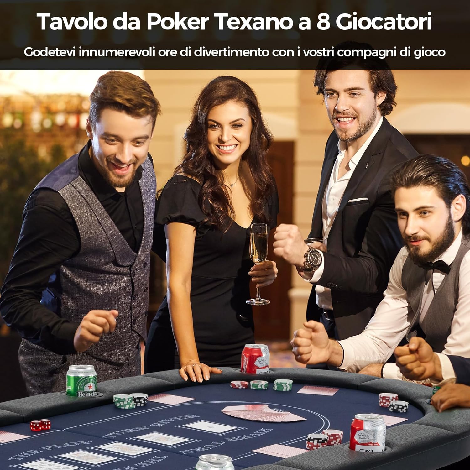 Tavolo da Poker Pieghevole 182 cm per 8 Giocatori, Tavolo da Gioco Ovalo con Supporti per Bicchieri, Rivestimenti Imbottiti, per Blackjack, Texas Hold’em, Giochi da Casinò (Blu)