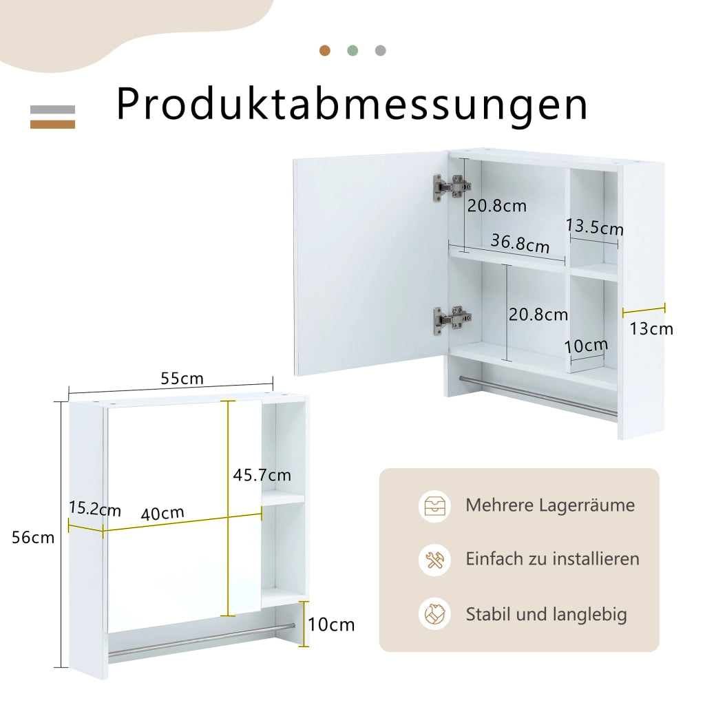 Armadietto a specchio da bagno con ripiani aperti e montaggio a parete, stile moderno, per bagno, bianco, in MDF