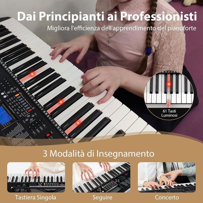 Set Pianoforte Elettronico Portatile a 61 Tasti, Pianoforte Digitale con 600 Timbri, 400 Ritmi, 50 Canzoni Demo, Pianoforte con Supporto e Sgabello, Tasti Luminosi, Microfono, Cuffie