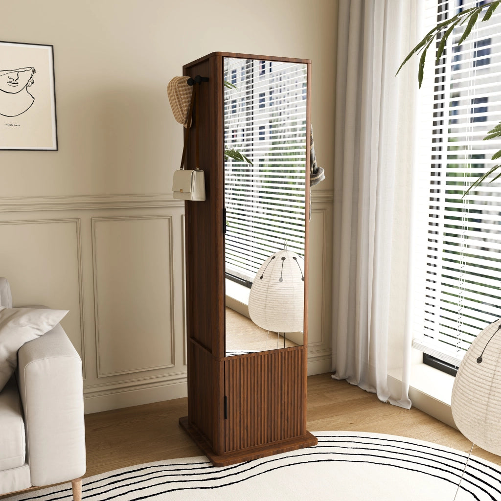 Mobile con specchio 4 in 1 girevole a 360 gradi con 6 ganci e ripiani aperti per camera da letto; in MDF; noce; 50×50×170 cm