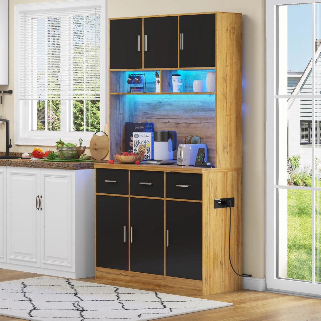 Credenza 100x40x180 cm con LED e controllo APP; prese USB; ripiani regolabili; naturale e nero