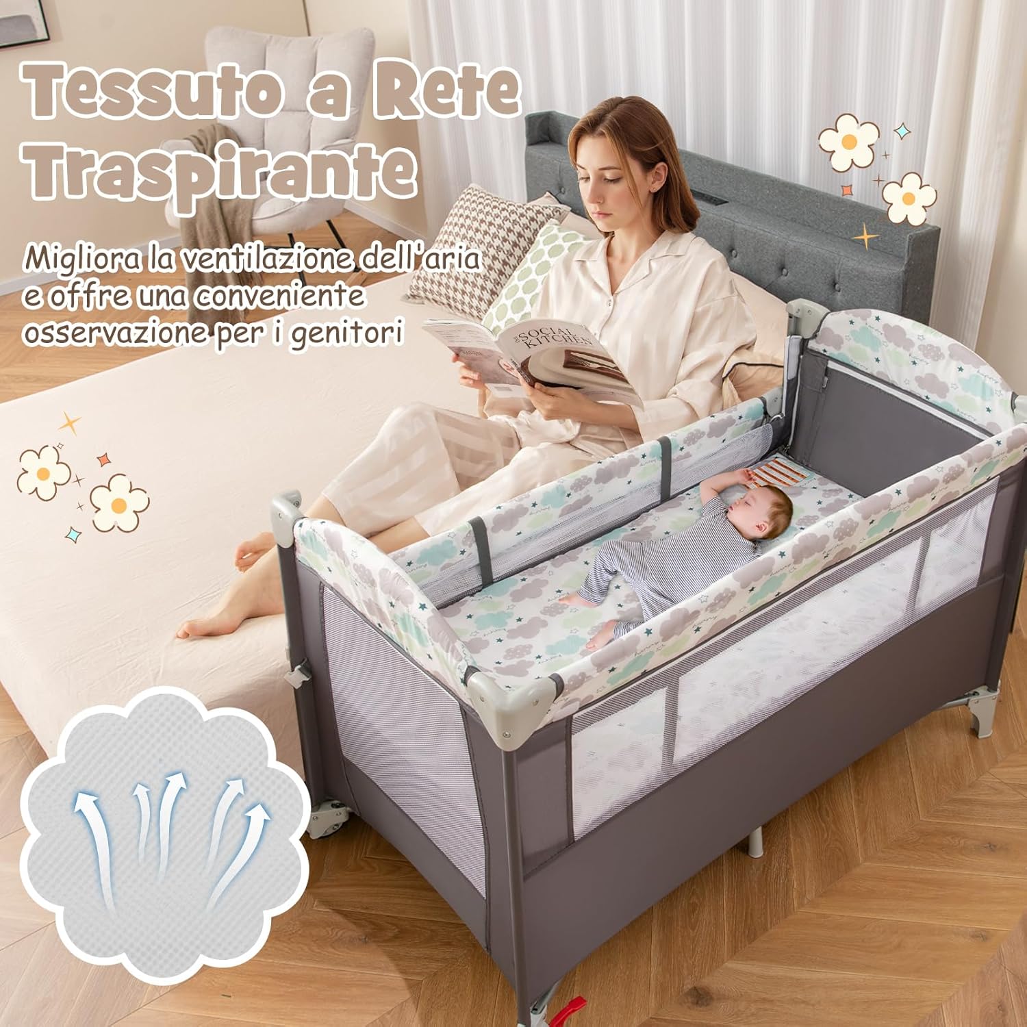 4 in 1 Lettino per Bambini con Materasso, Lettino Culla da Viaggio per Neonati, Culla Neonato con Fasciatoio, Box Portatile Pieghevole, con Ruote e Borsa, 125 x 65 x 119 cm (Grigio)